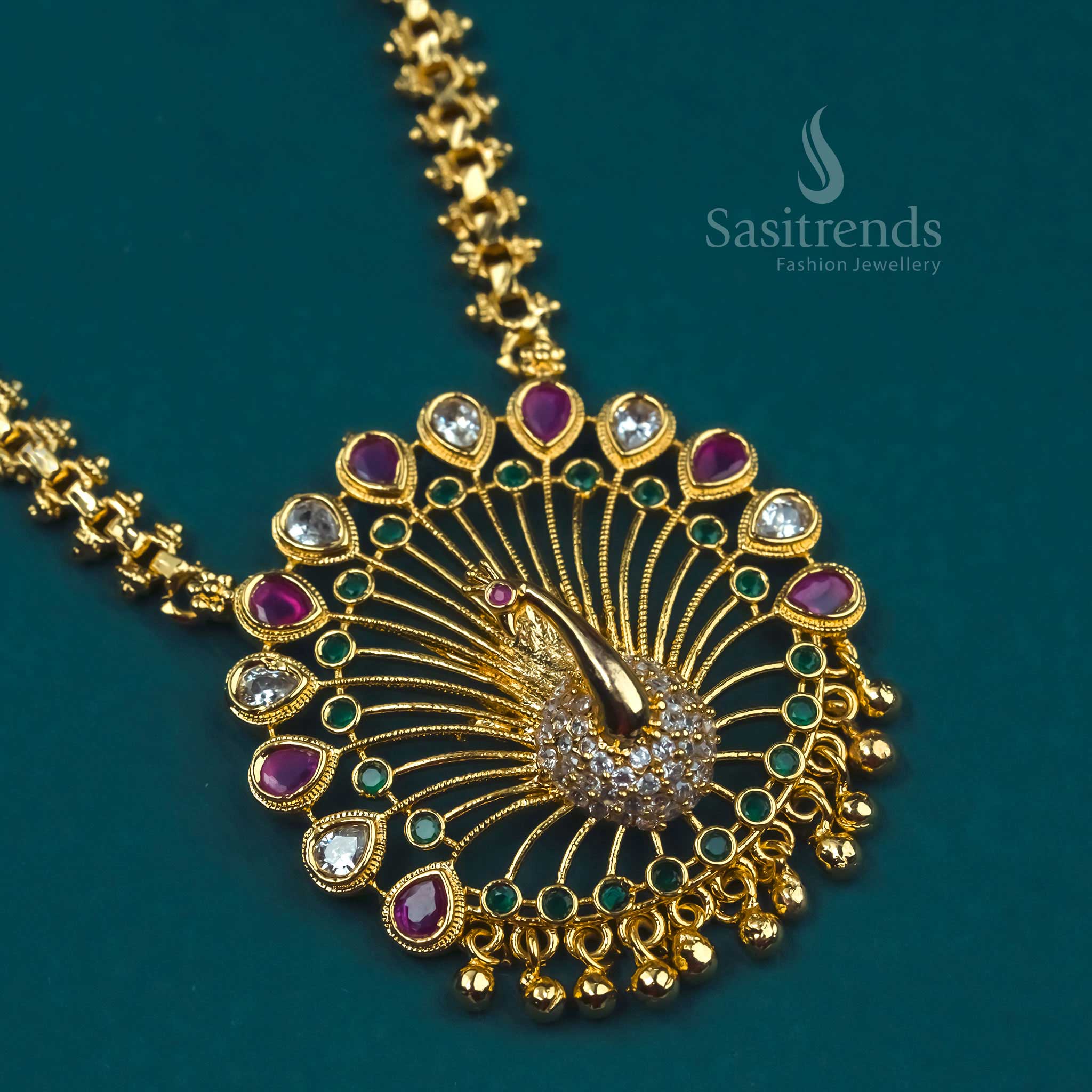 Wonderful Gajiri style necklace adorned with vibrant stone hues, a detailed peacock motif, and radiant AD work – for timeless traditional attire – Sasitrends