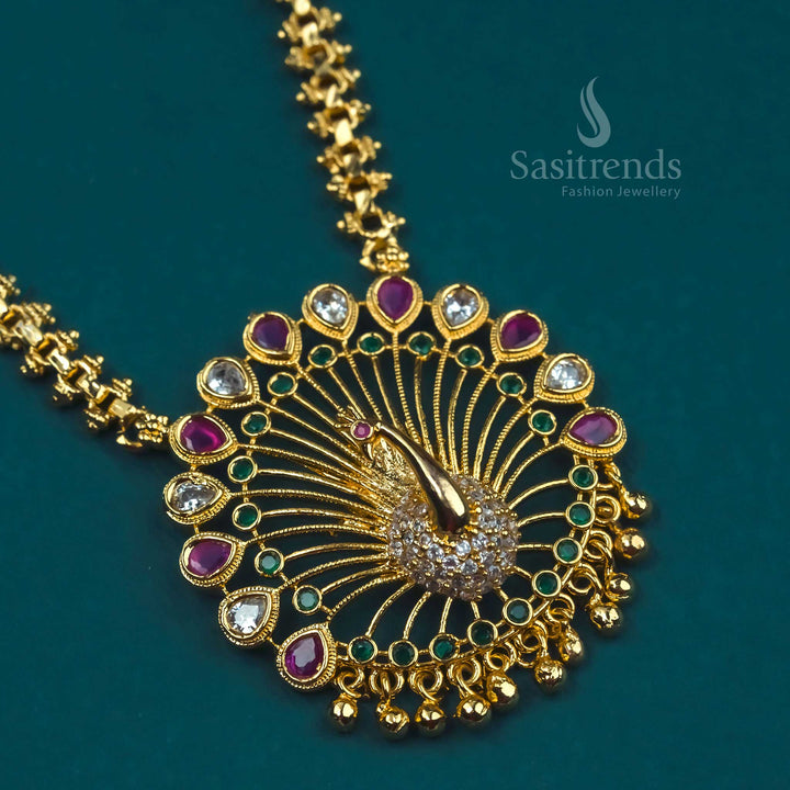 Wonderful Gajiri style necklace adorned with vibrant stone hues, a detailed peacock motif, and radiant AD work – for timeless traditional attire – Sasitrends