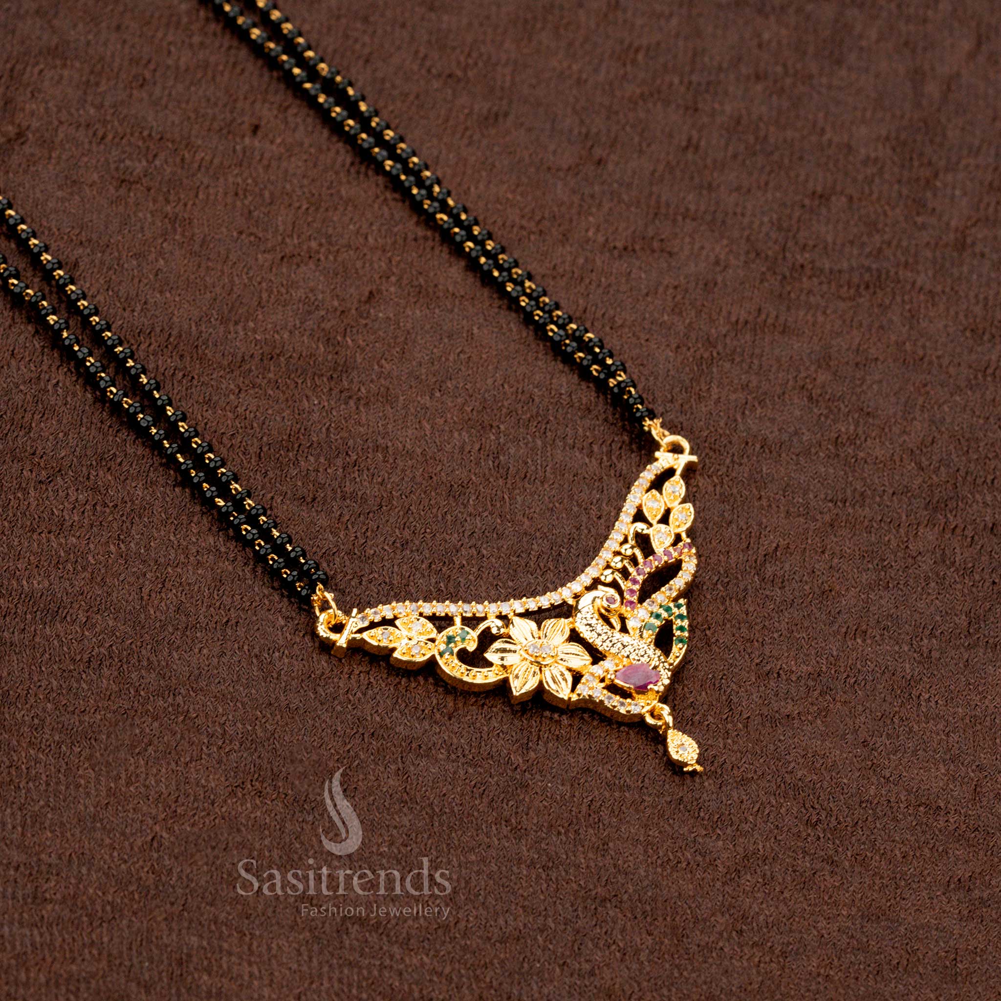 Micro gold plated mangalsutra with black bead chain and floral AD pendant - Sasitrends
