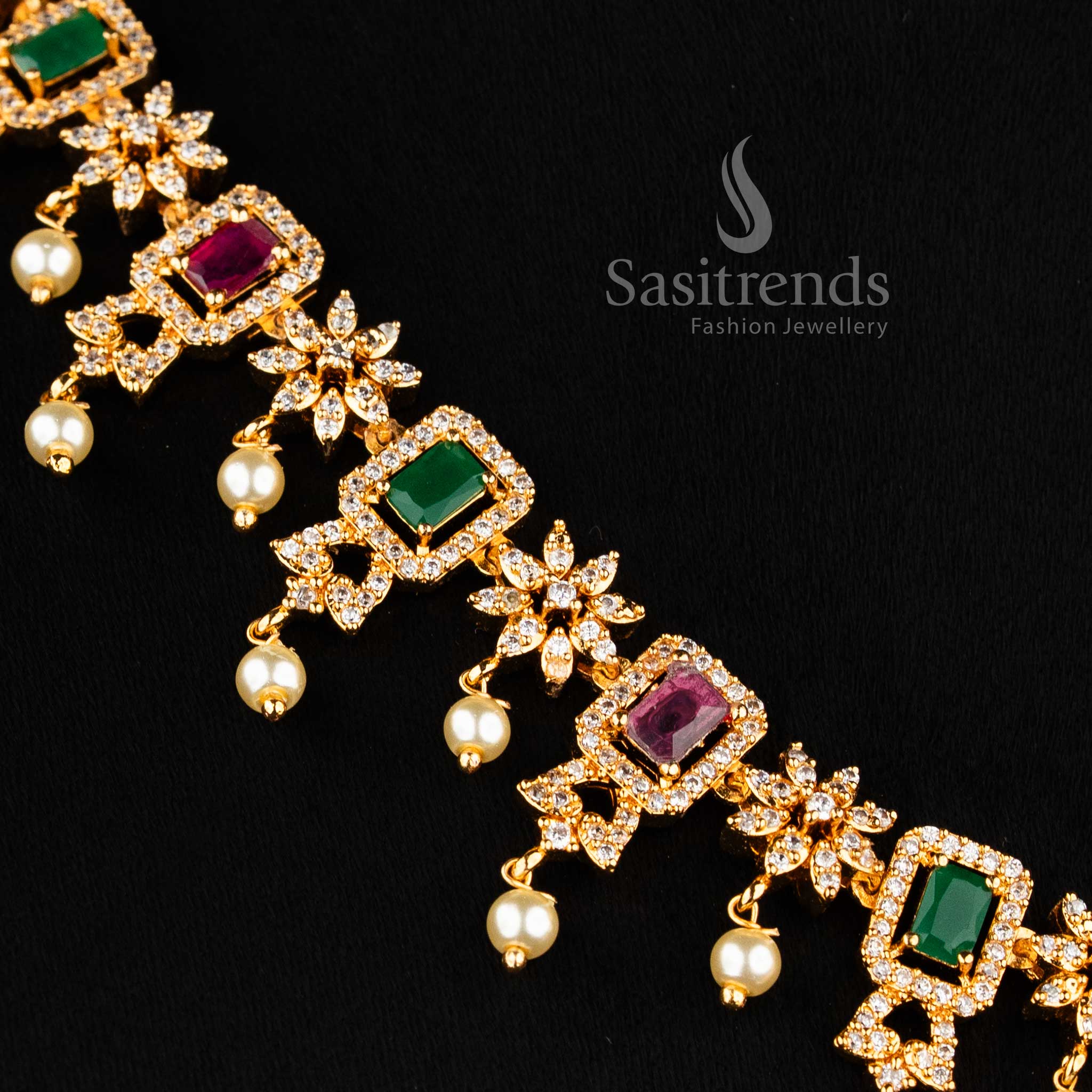 Elegant Micro gold plated flower pendant necklace & Earrings with AD stones and pearl drops - Sasitrends