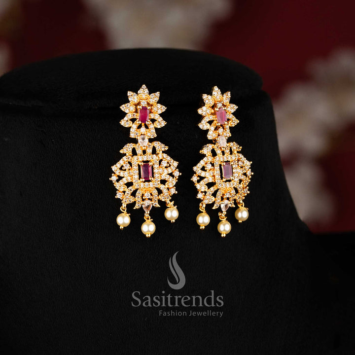 Micro gold plated flower pendant necklace & Earrings with AD stones and pearl drops - Sasitrends 
