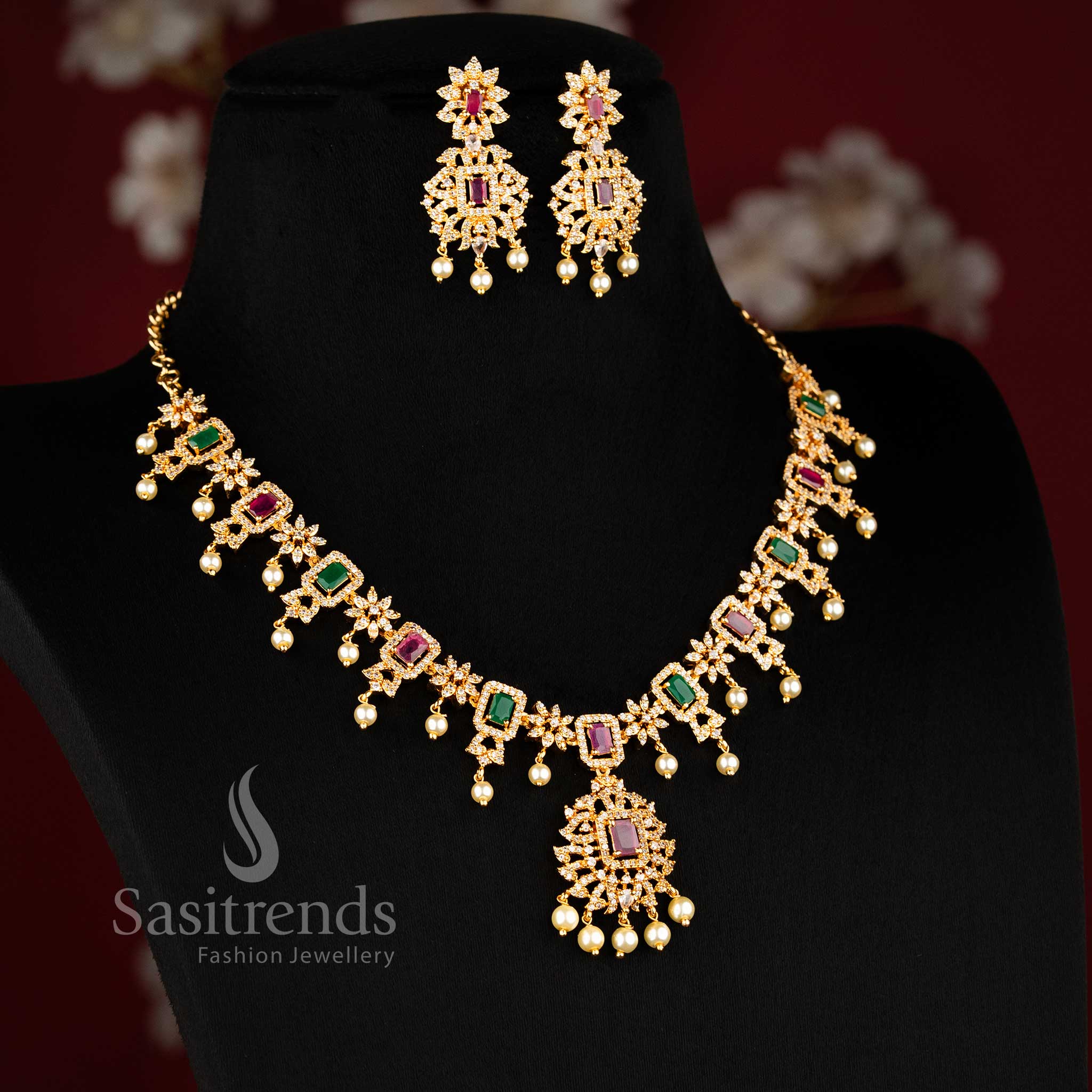 Micro  gold plated flower pendant necklace & Earrings with AD stones and pearl drops - Sasitrends