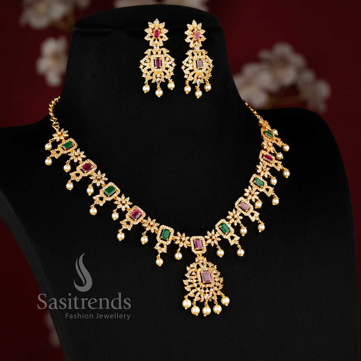 Micro  gold plated flower pendant necklace & Earrings with AD stones and pearl drops - Sasitrends