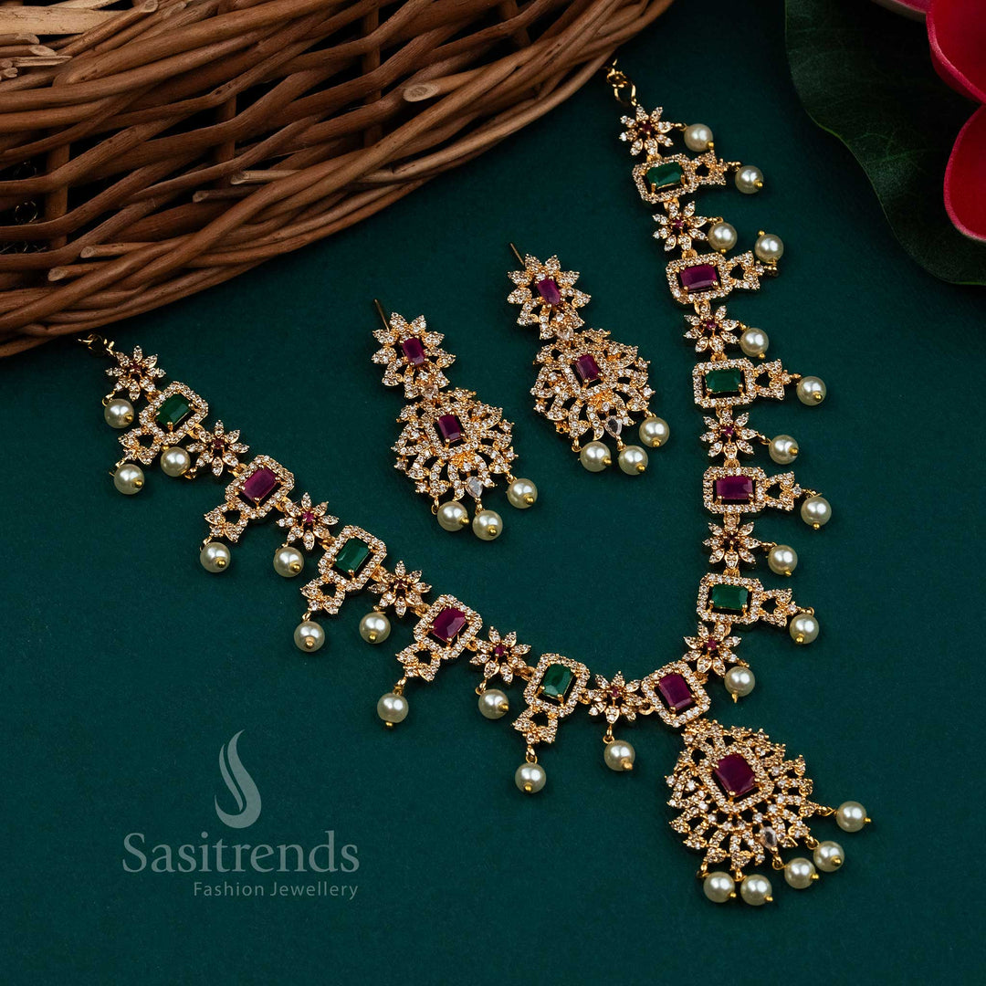 Trendy gold plated flower pendant necklace & Earrings with AD stones and pearl drops - Sasitrends