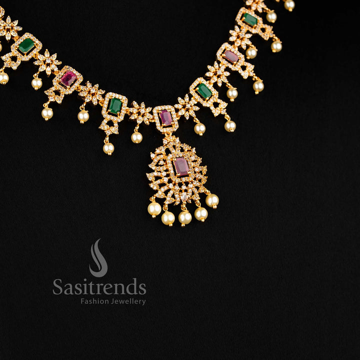 Micro gold plated flower pendant necklace & Earrings with AD stones and pearl drops - Sasitrends 