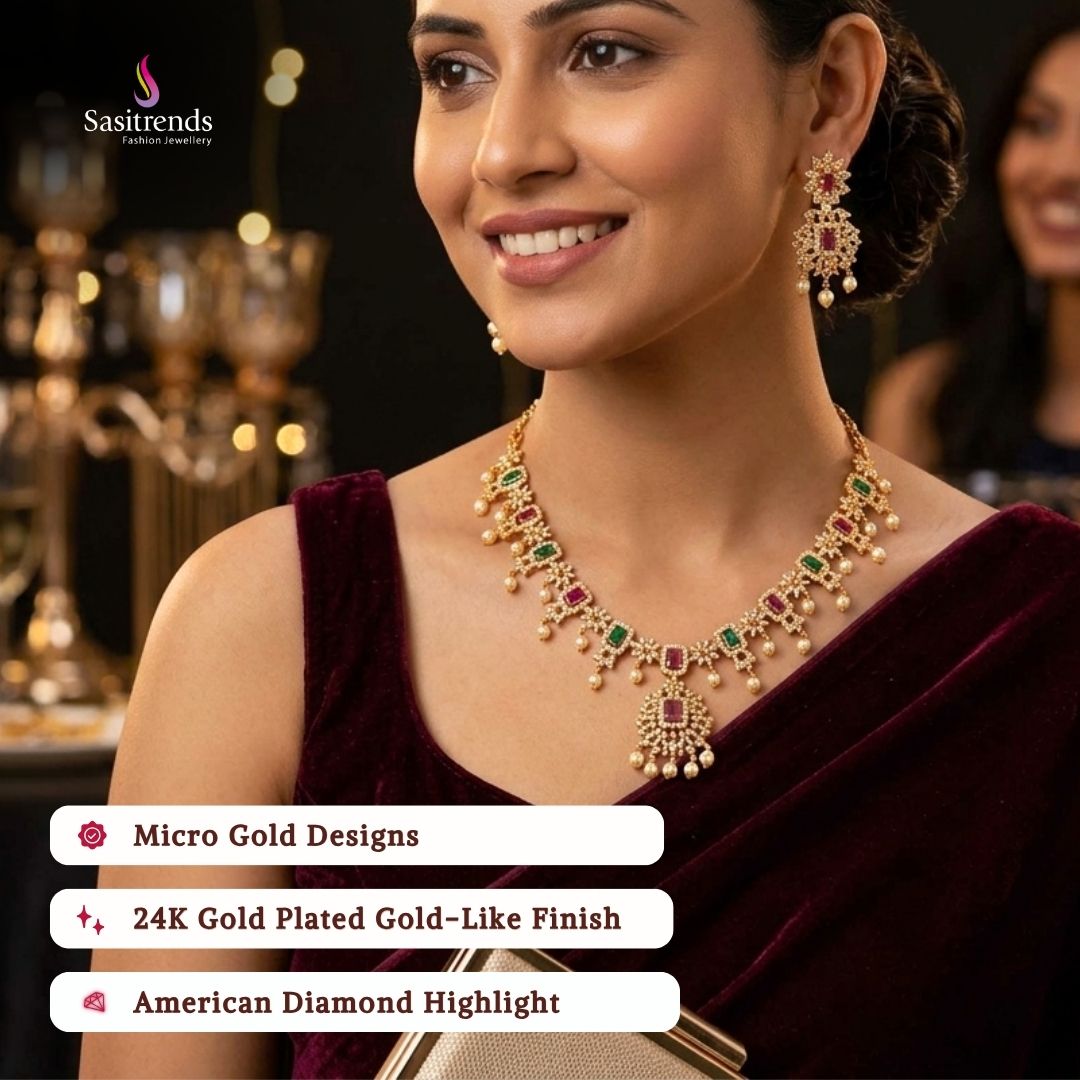 Beautiful collection of micro gold plated necklace sets styled by a model, featuring an elegant traditional jewellery look suitable for weddings, festive occasions, parties, and special events.