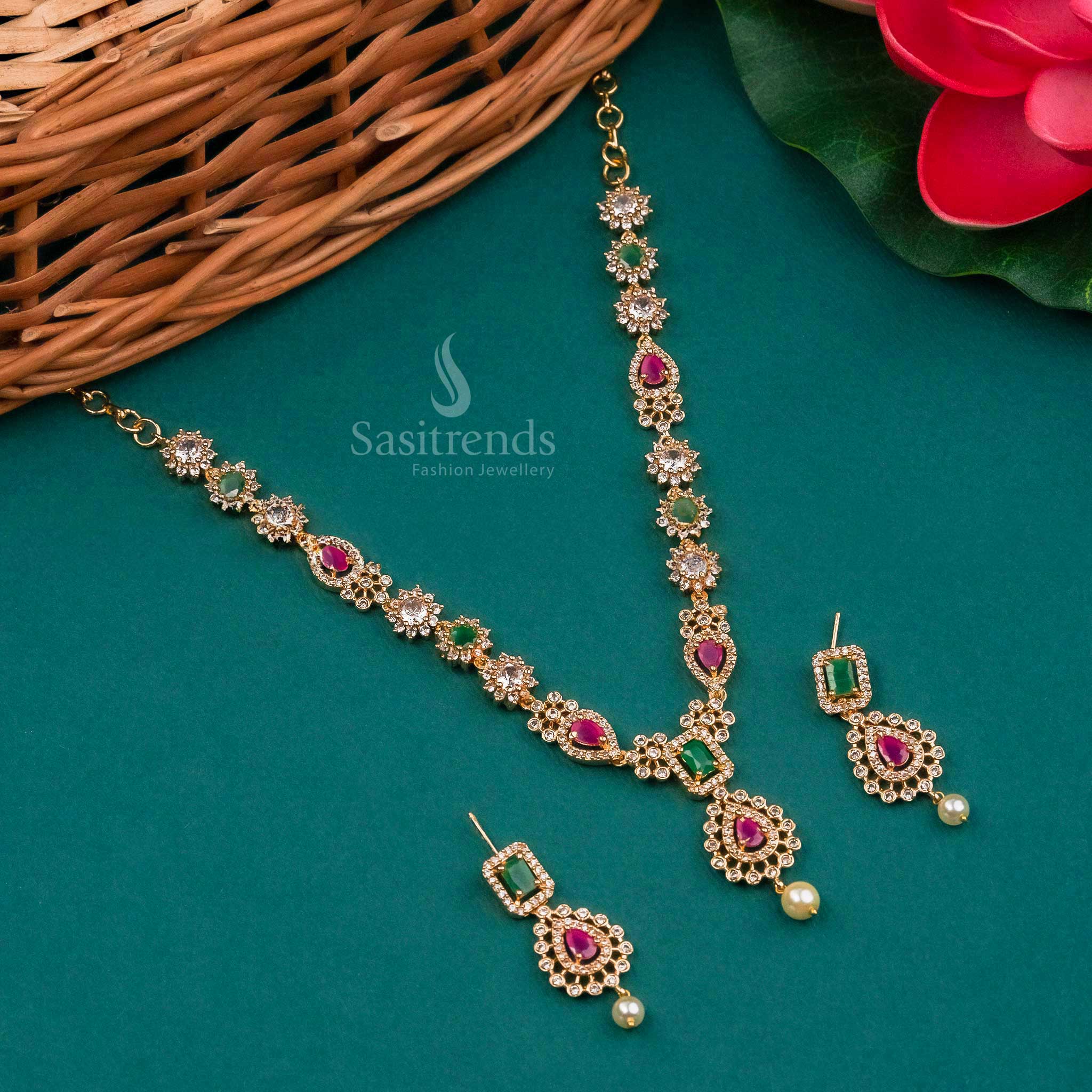 Trendy Gold Plated AD Necklace Set with Flower Pendant for Women - Sasitrends