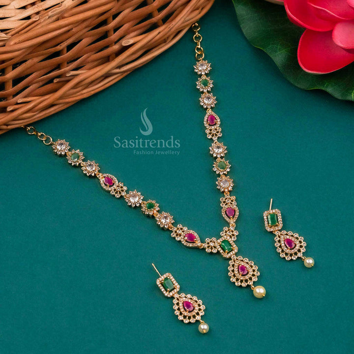Trendy Gold Plated AD Necklace Set with Flower Pendant for Women - Sasitrends