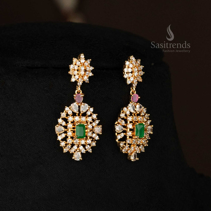 Elegant American diamond necklace with a floral design and matching earrings - Sasitrends