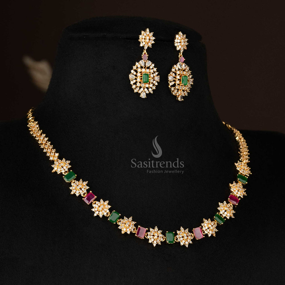 Sophisticated American diamond necklace and earrings with floral accents - Sasitrends