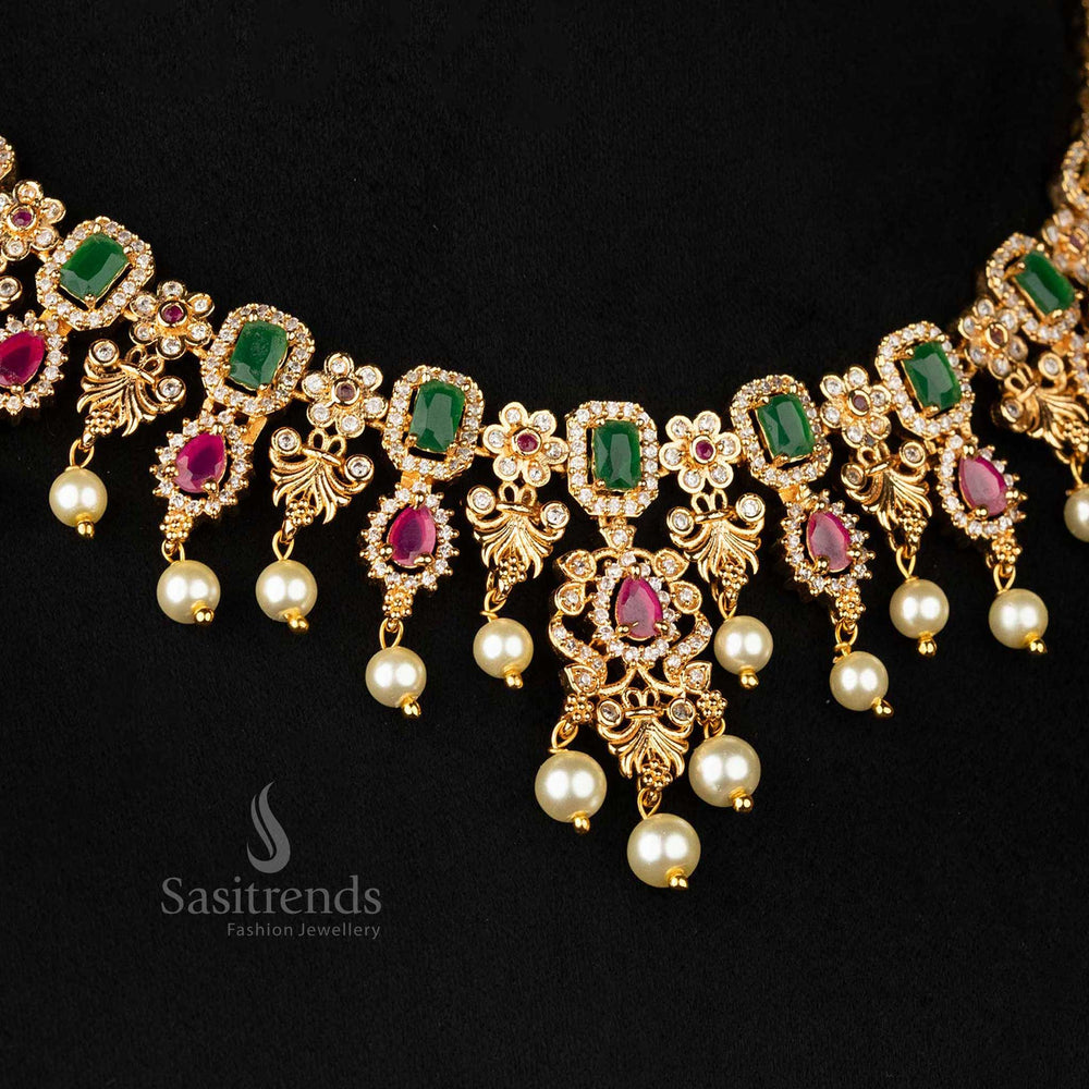 Detailed view of AD pearl and flower pendant with intricate gold work - Sasitrends