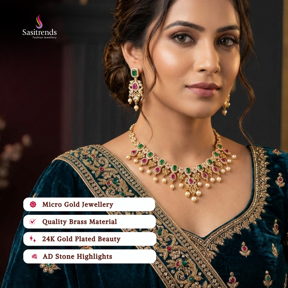 Guaranteed Micro gold plated AD stone necklace set model image - Sasitrends