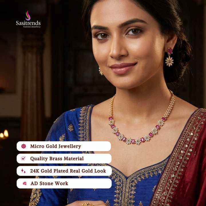 Guaranteed Micro gold plated AD stone party wear necklace set model image - Sasitrends