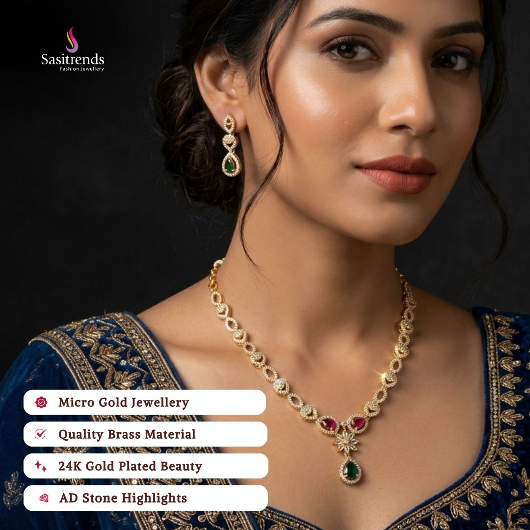 Guaranteed Micro gold plated American diamond necklace set, engagement & reception wear model image - Sasitrends