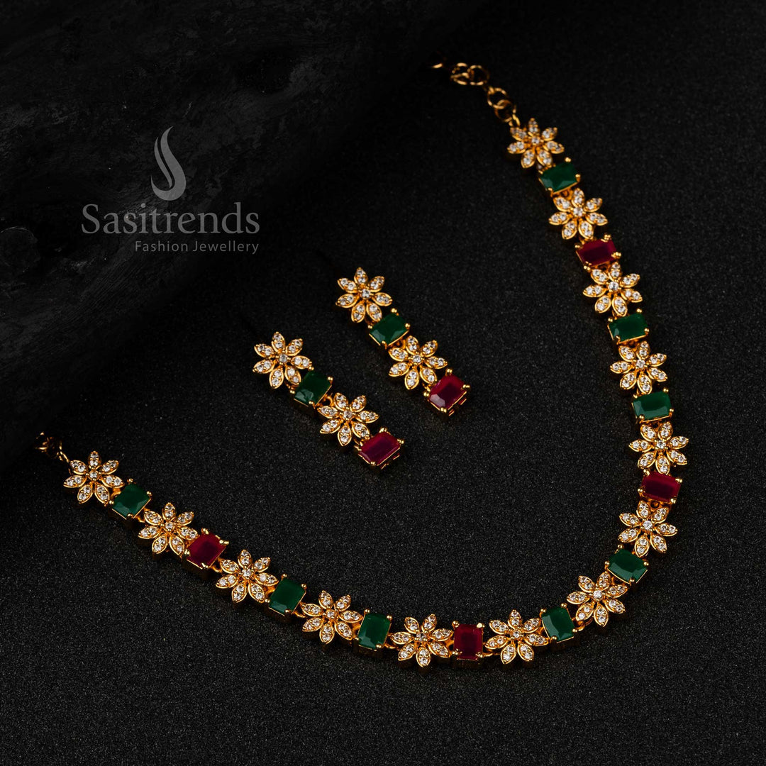 1 Year Guaranteed Micro Gold Plated Flower Design Necklace With Earrings Set - Sasitrends