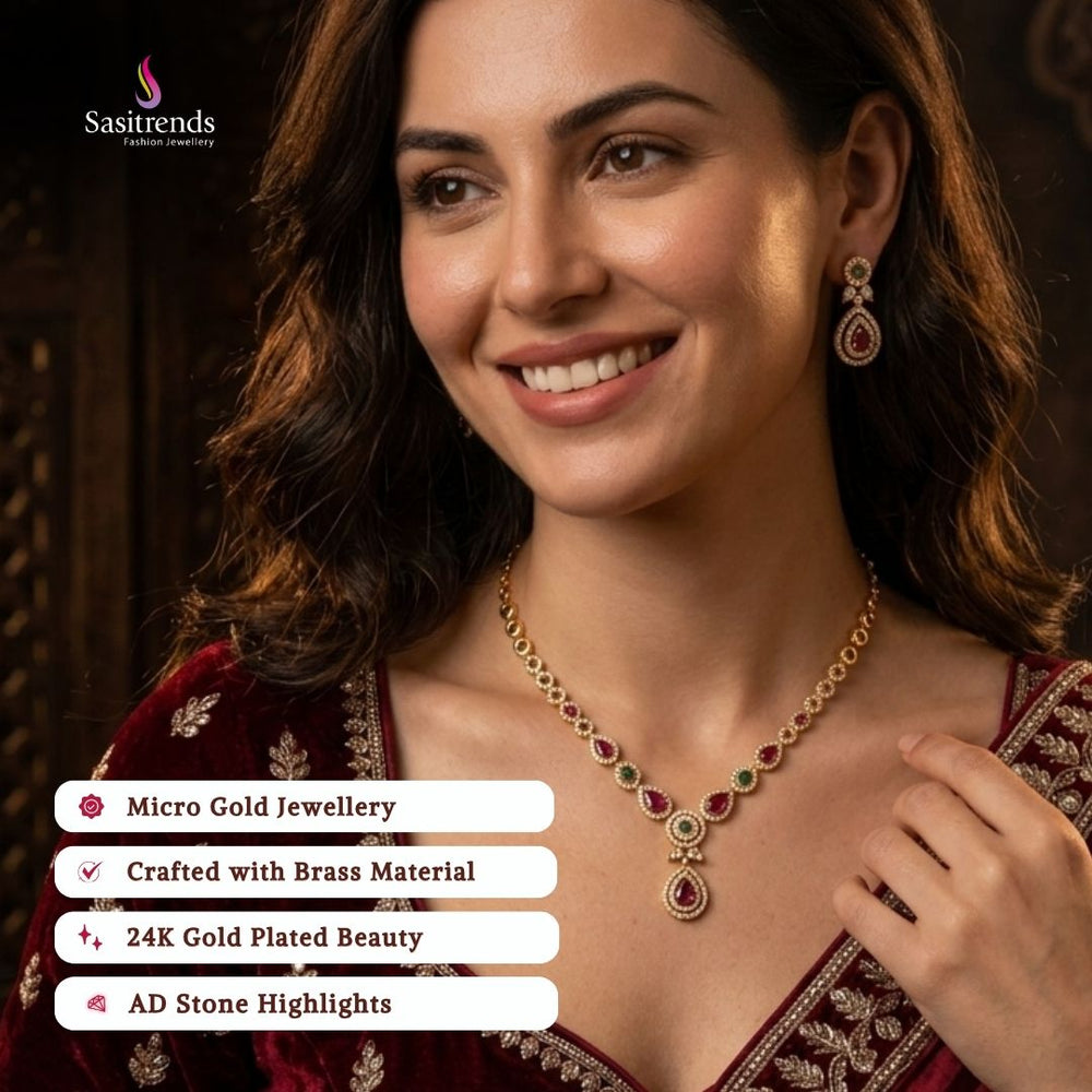 Guaranteed Micro gold plated American diamond necklace set, engagement & reception wear model image - Sasitrends