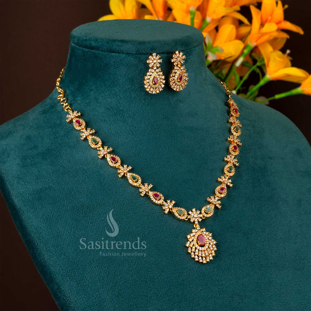 Luxury timeless elegance American diamond stone necklace jewellery set with micro gold plating, a grand festive designer piece that glows with refined brilliance – Sasitrends
