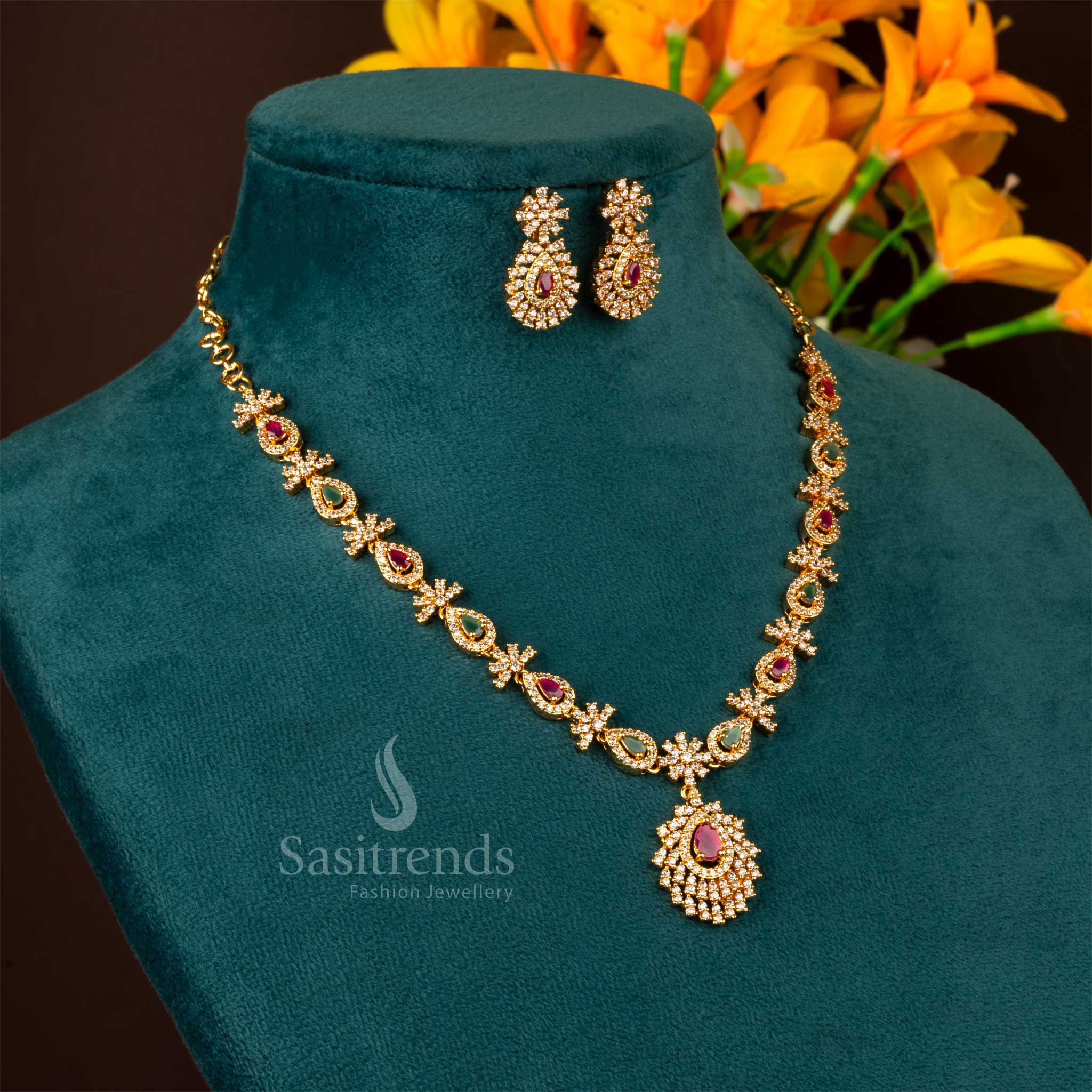 Luxury timeless elegance American diamond stone necklace jewellery set with micro gold plating, a grand festive designer piece that glows with refined brilliance – Sasitrends