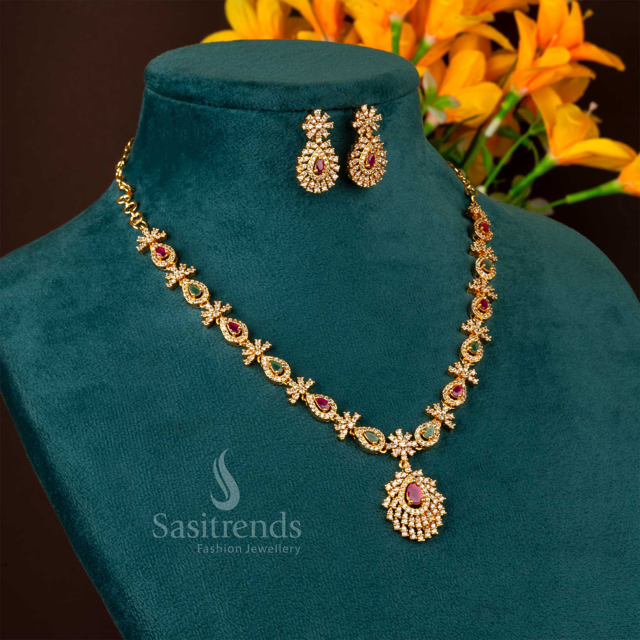 AD-Stone-Embellished Regal Elegance Necklace Set with Gold Plating - Sasitrends