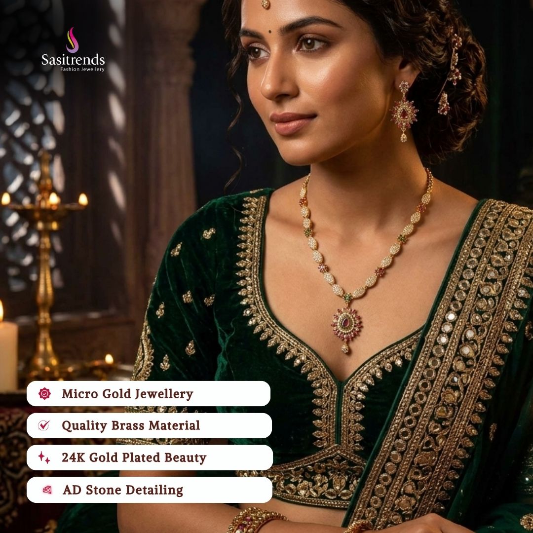 Guaranteed Micro gold plated American diamond necklace set, engagement & reception wear model image - Sasitrends