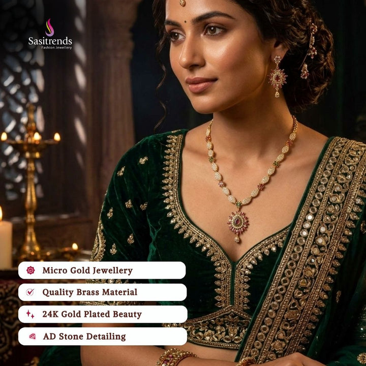 Guaranteed Micro gold plated American diamond necklace set, engagement & reception wear model image - Sasitrends