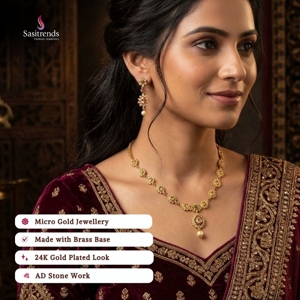Guaranteed Micro gold plated American diamond necklace set, engagement & reception wear model image - Sasitrends