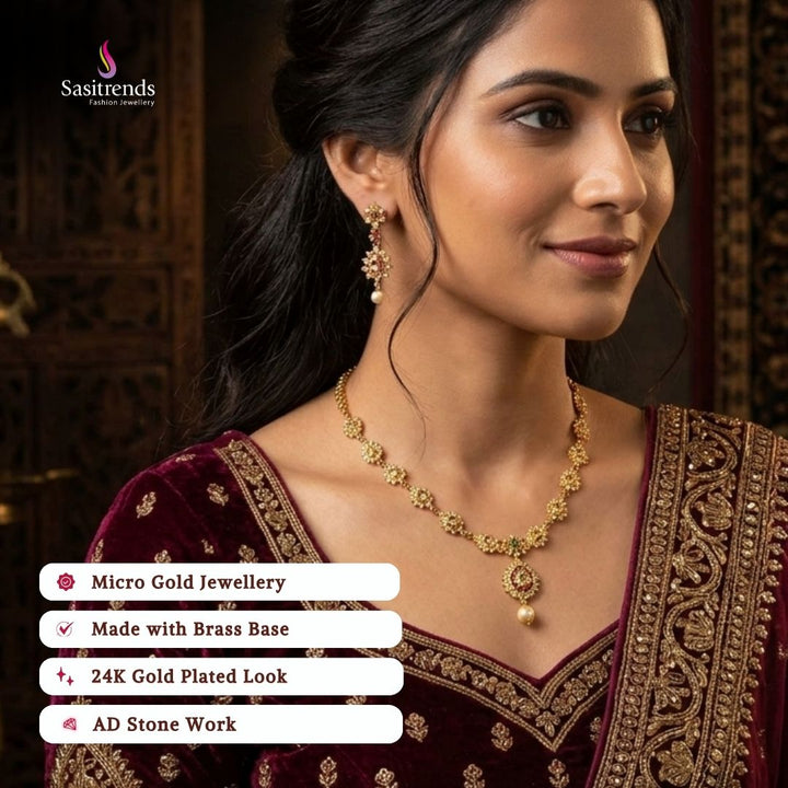 Guaranteed Micro gold plated American diamond necklace set, engagement & reception wear model image - Sasitrends