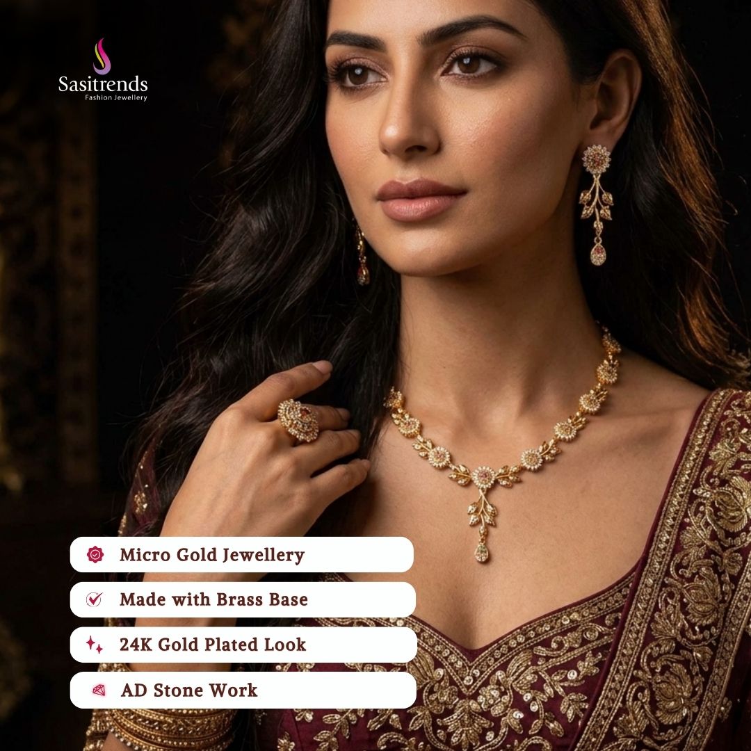 Guaranteed Micro gold plated American diamond necklace set, engagement & reception wear model image - Sasitrends