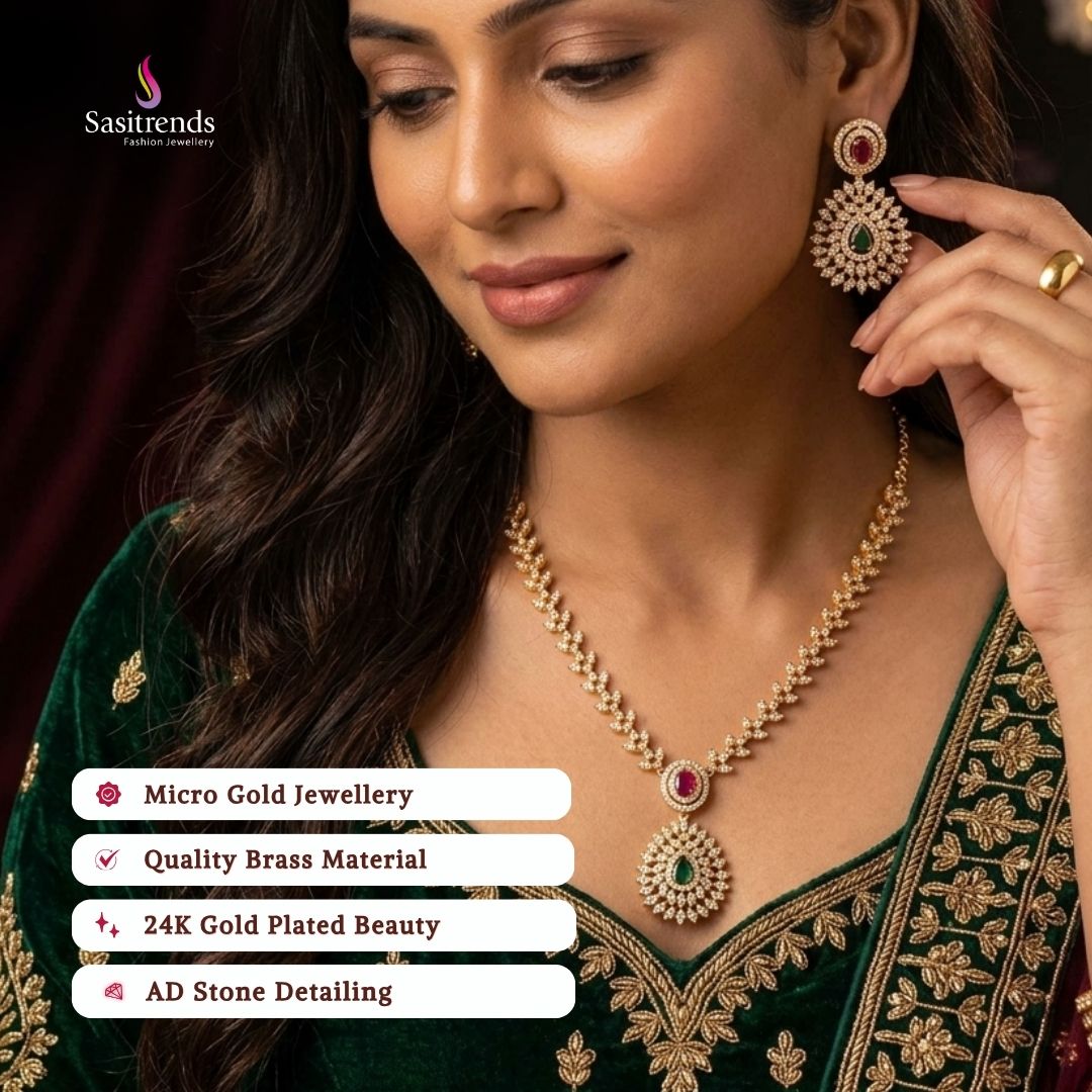 Guaranteed Micro gold plated American diamond necklace set, engagement & reception wear model image - Sasitrends