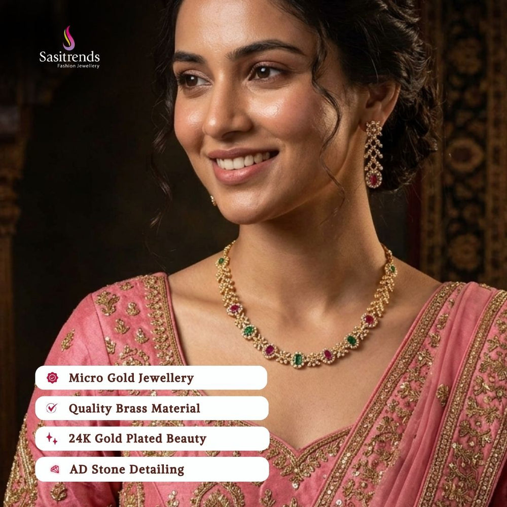Guaranteed Micro gold plated American diamond necklace set, engagement & reception wear model image - Sasitrends