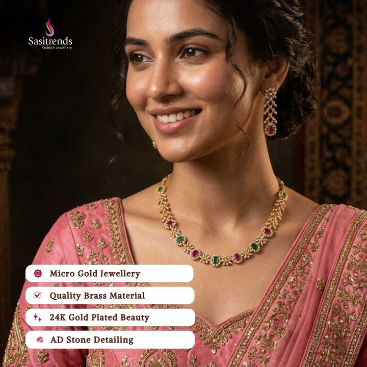 Guaranteed Micro gold plated American diamond necklace set, engagement & reception wear model image - Sasitrends