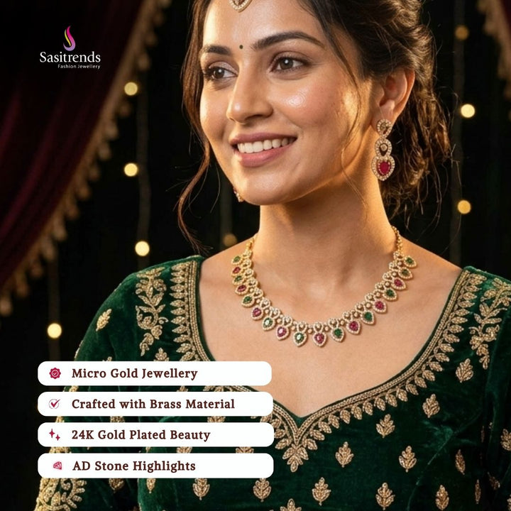 Guaranteed Micro gold plated American diamond necklace set, engagement & reception wear model image - Sasitrends
