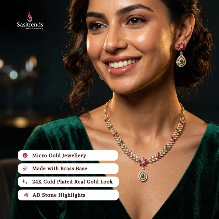 Guaranteed Micro gold plated American diamond necklace set, engagement & reception wear model image - Sasitrends