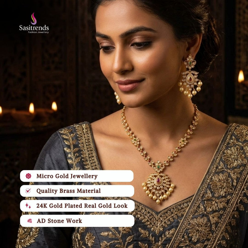 Guaranteed Micro gold plated American diamond necklace set, engagement & reception wear model image - Sasitrends