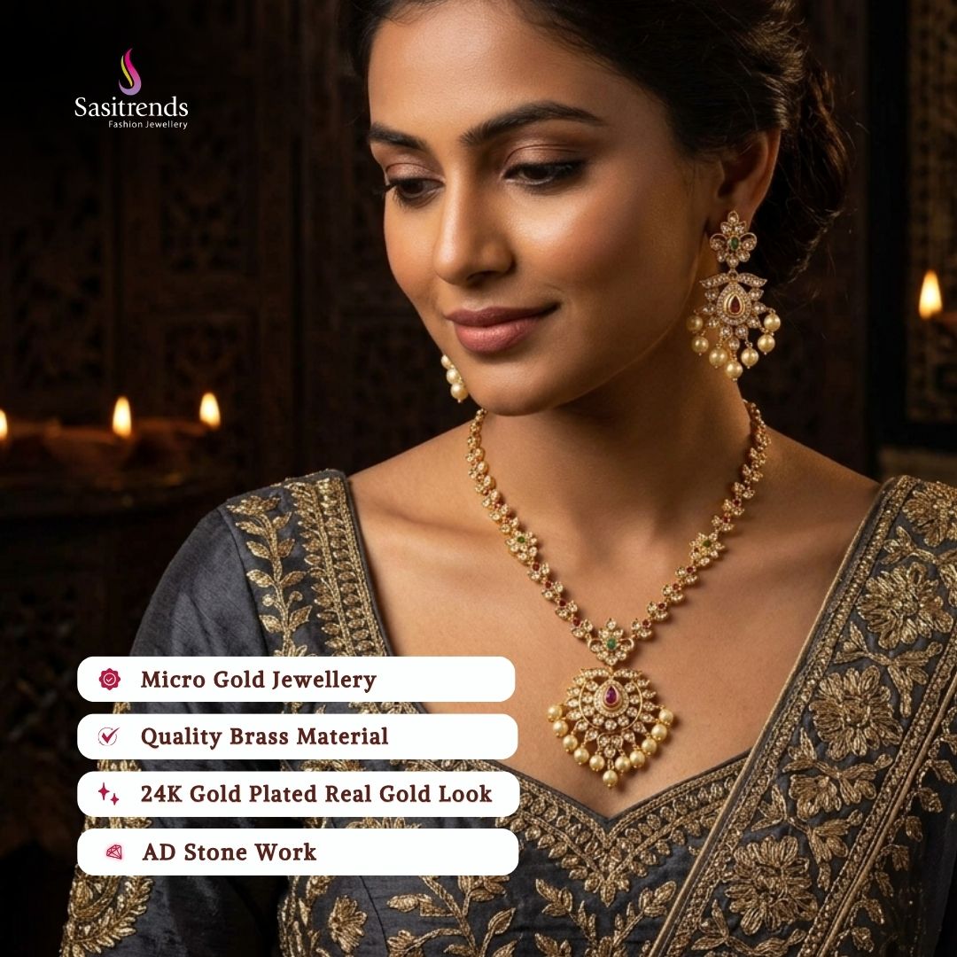 Guaranteed Micro gold plated American diamond necklace set, engagement & reception wear model image - Sasitrends