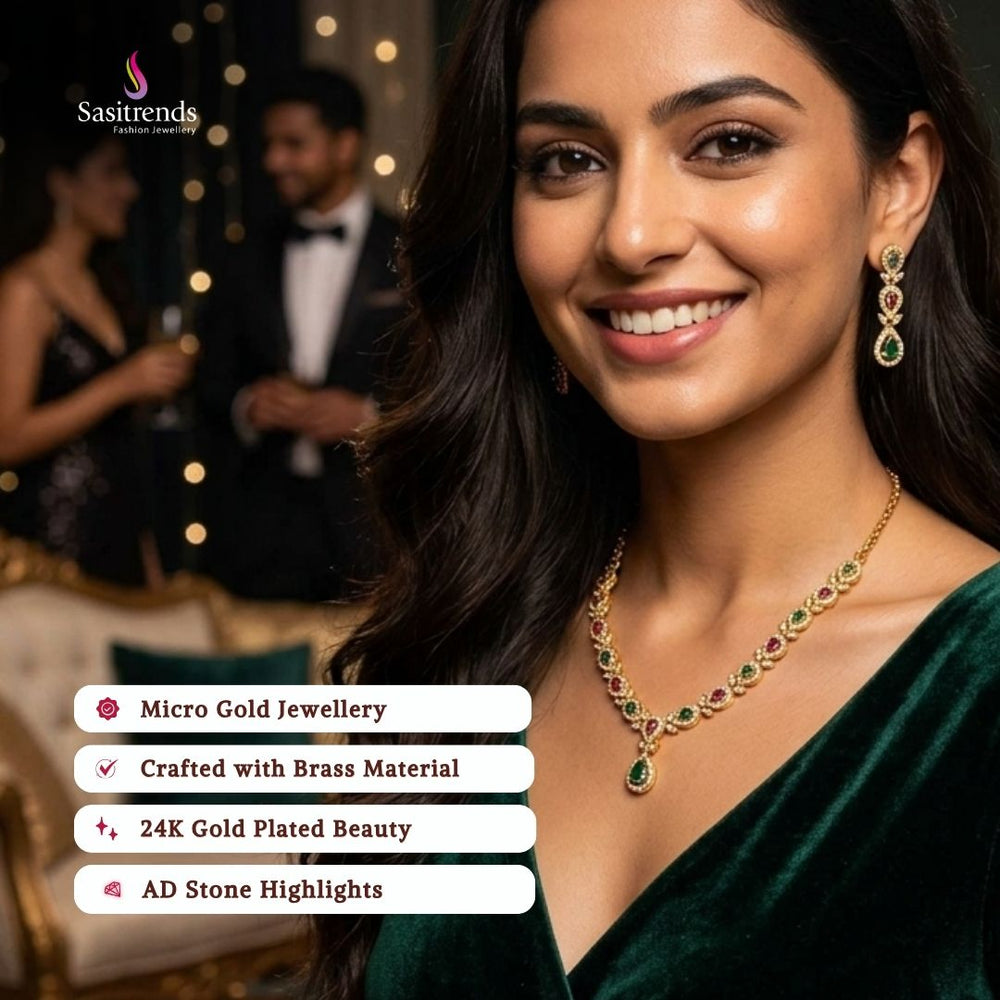 Guaranteed Micro gold plated American diamond necklace set, engagement & reception wear model image - Sasitrends