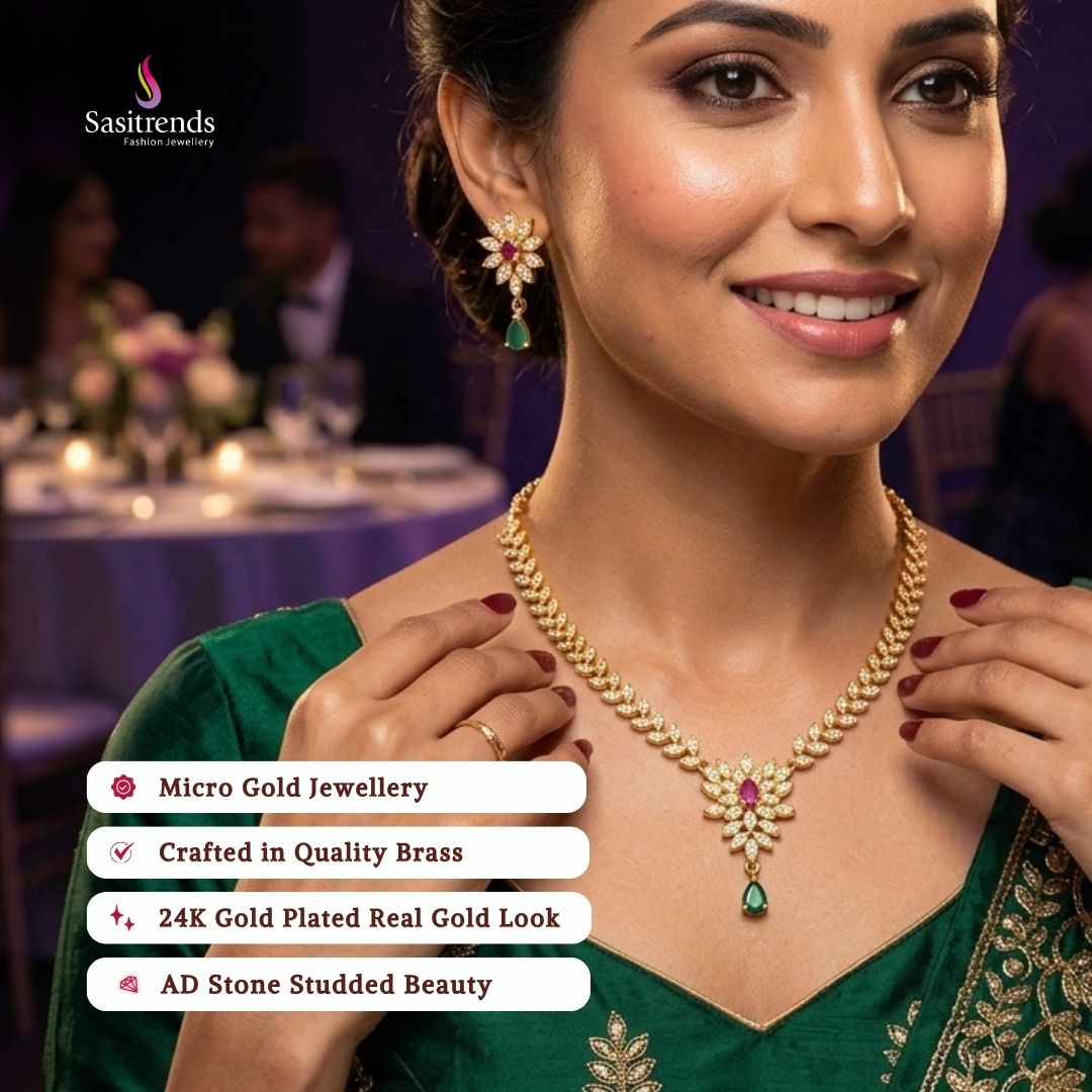 Guaranteed Micro gold plated American diamond necklace set, engagement & reception wear model image - Sasitrends