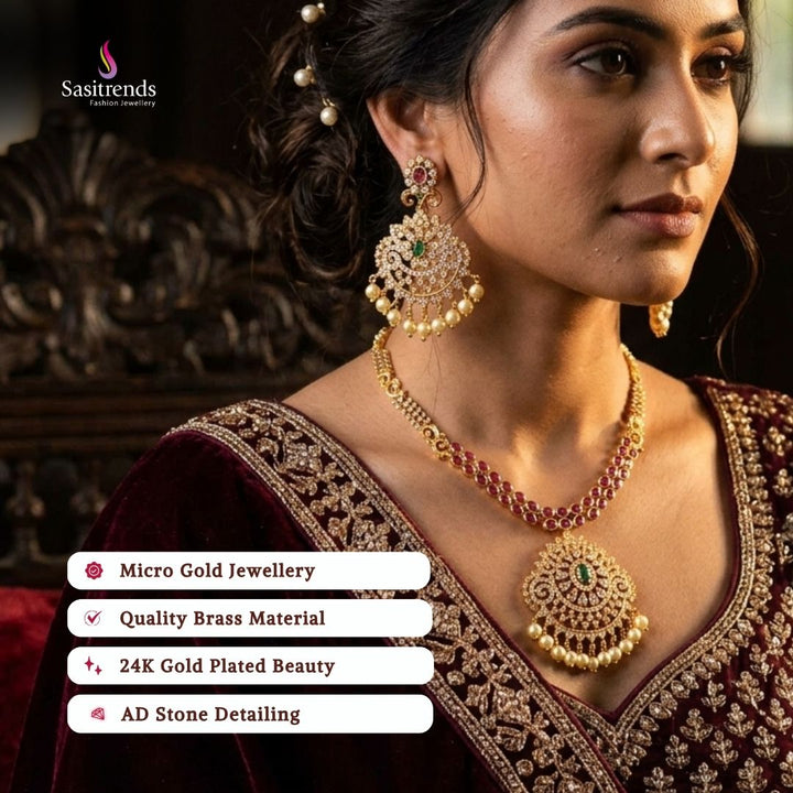 Guaranteed Micro gold plated American diamond necklace set, engagement & reception wear model image - Sasitrends