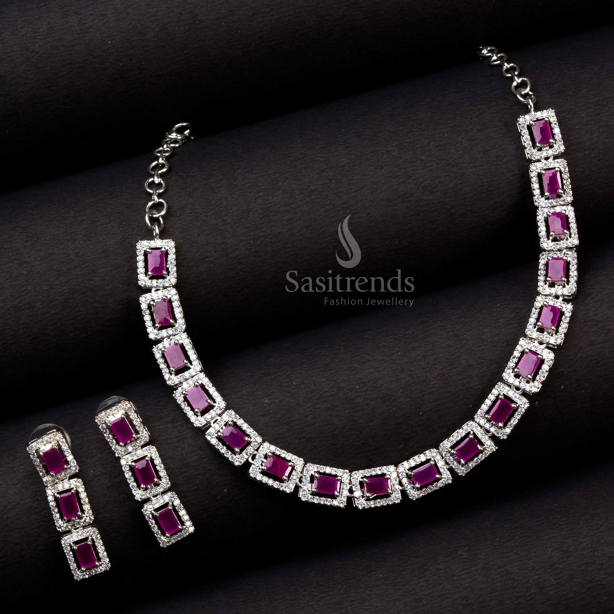 Trendy Party Wear Rhodium Silver Plated Necklace Set with American Diamonds - Sasitrends