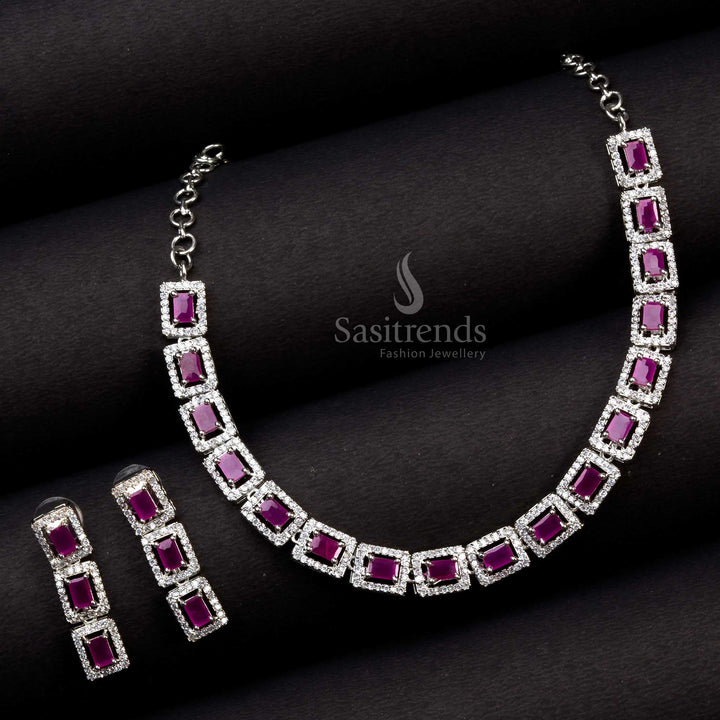 Trendy Party Wear Rhodium Silver Jewellery Set with Rectangular Patterns & American Diamonds | Sasitrends