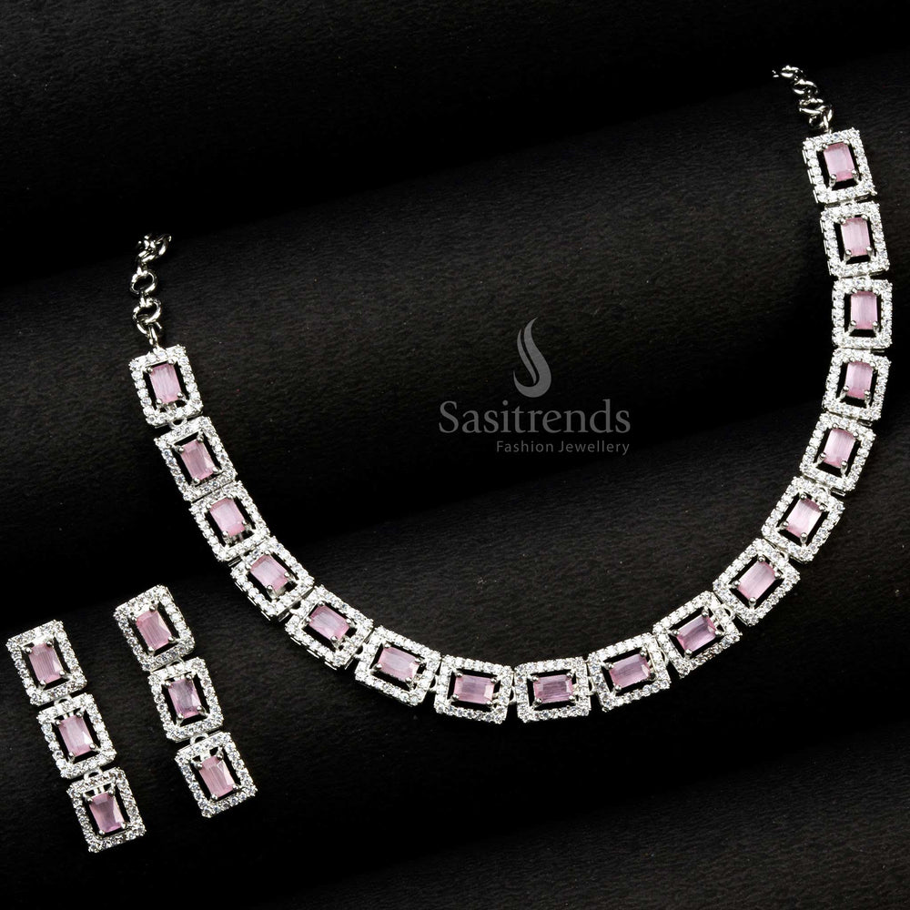 Trendy Party Wear Rhodium Silver Plated Necklace Set with Pink American Diamonds - Sasitrends