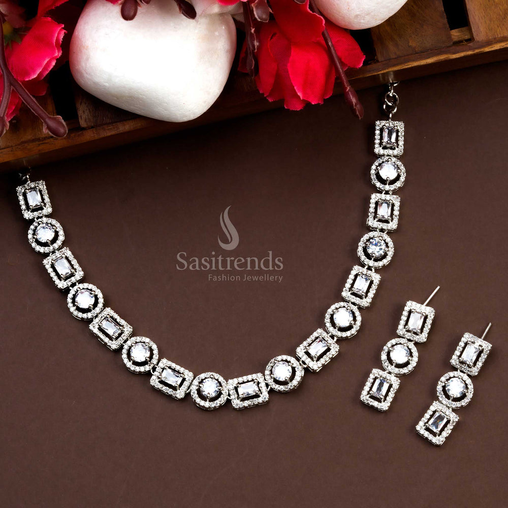 Luxurious Rhodium Silver Plated Necklace Set with Stunning White Gemstones - Sparkling AD Accents, Ideal for Parties, Latest Trendy Jewelry - Sasitrends