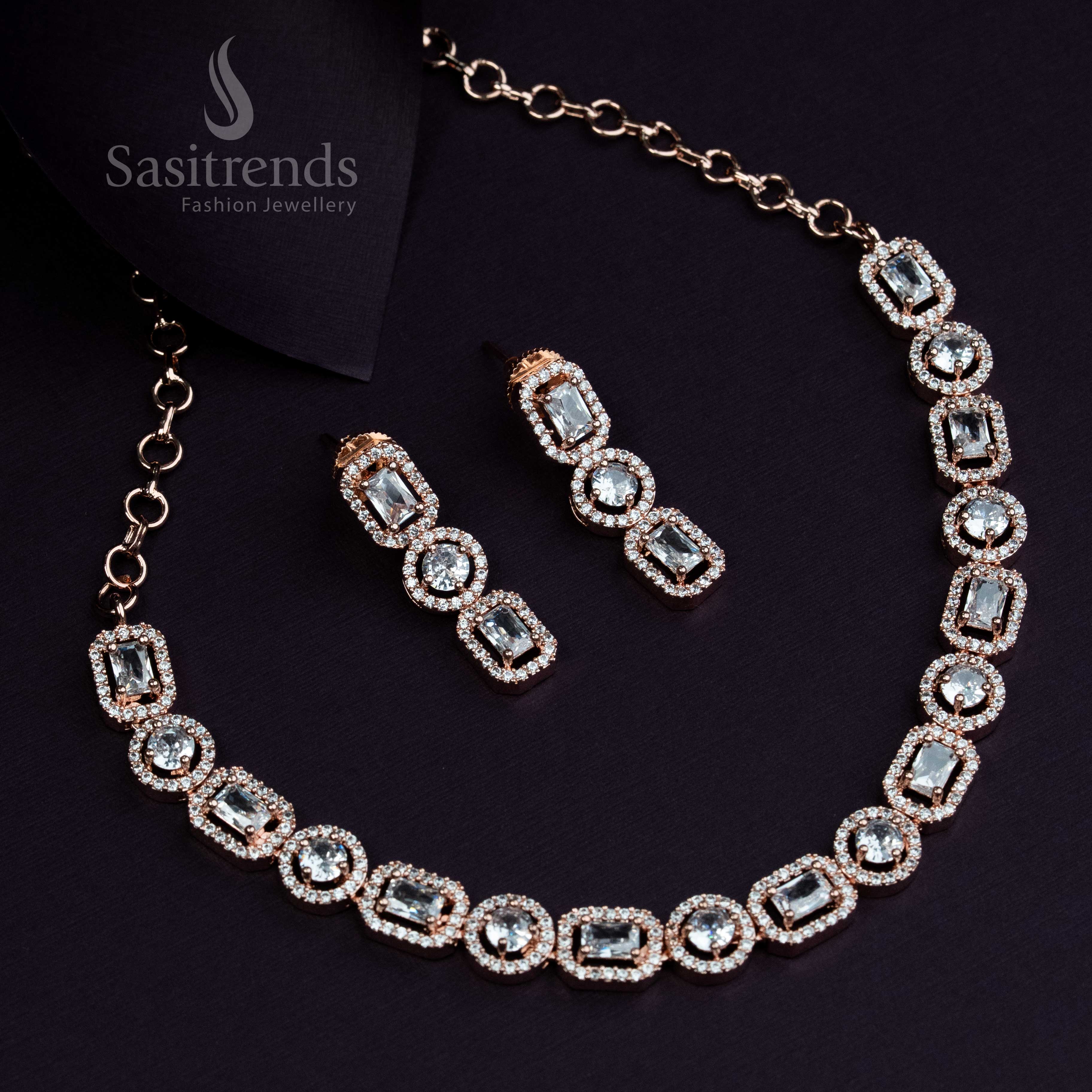 Party Wear Rose Gold Plated Jewellery Set With American Diamond Stones And Gorgeous Designer Pattern For Women – Sasitrends