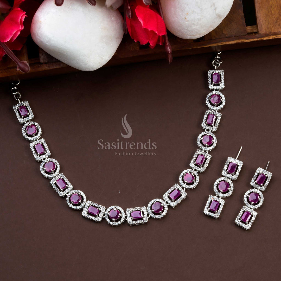 Stunning Rhodium Silver Plated Necklace Set with Gorgeous Ruby Red Stones - Sparkling AD Accents, Ideal for Parties, Latest Trendy Jewelry - Sasitirends