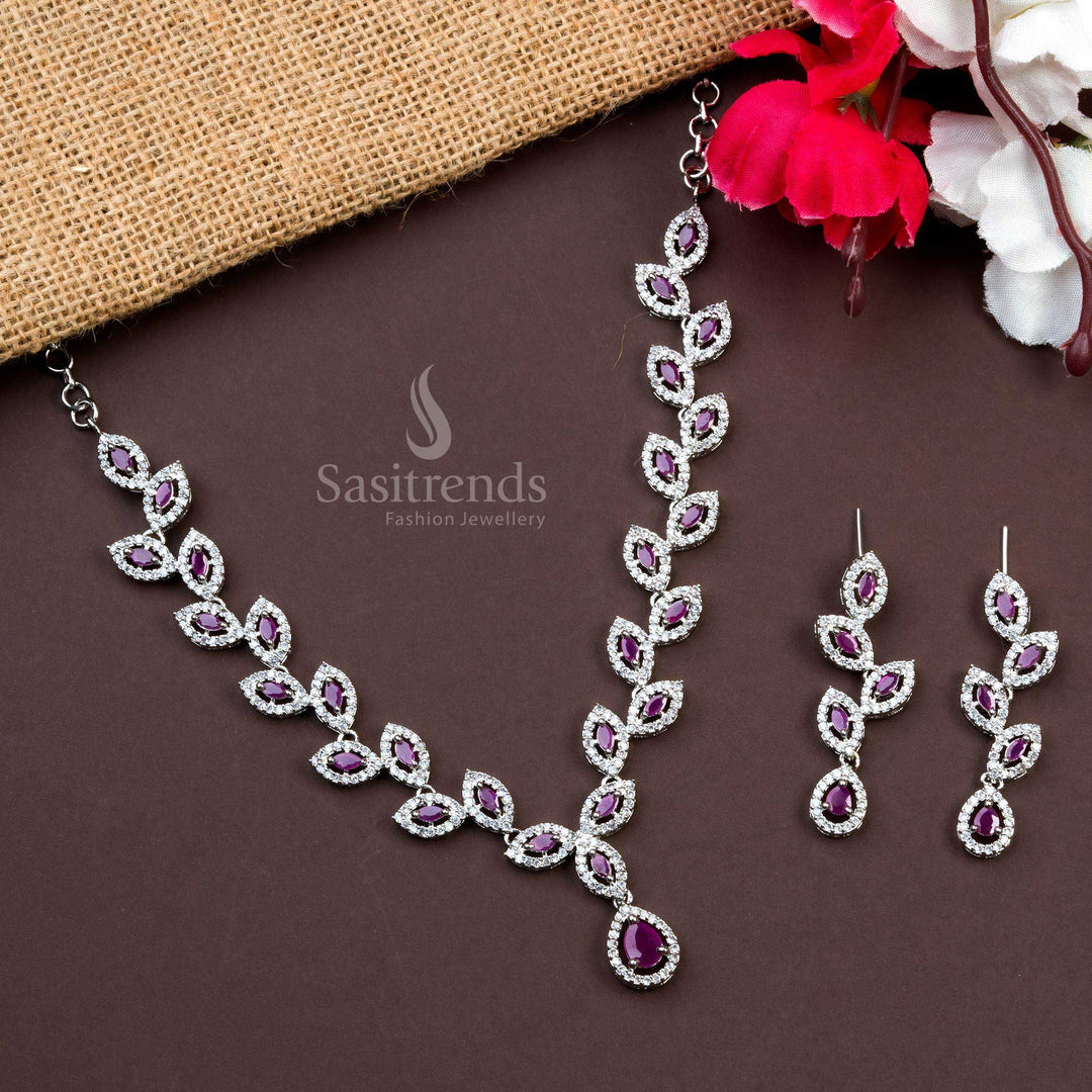 Rhodium Silver Plated Necklace with Ruby American Diamond Stones - Perfect for Engagements and Receptions - Sasitrends
