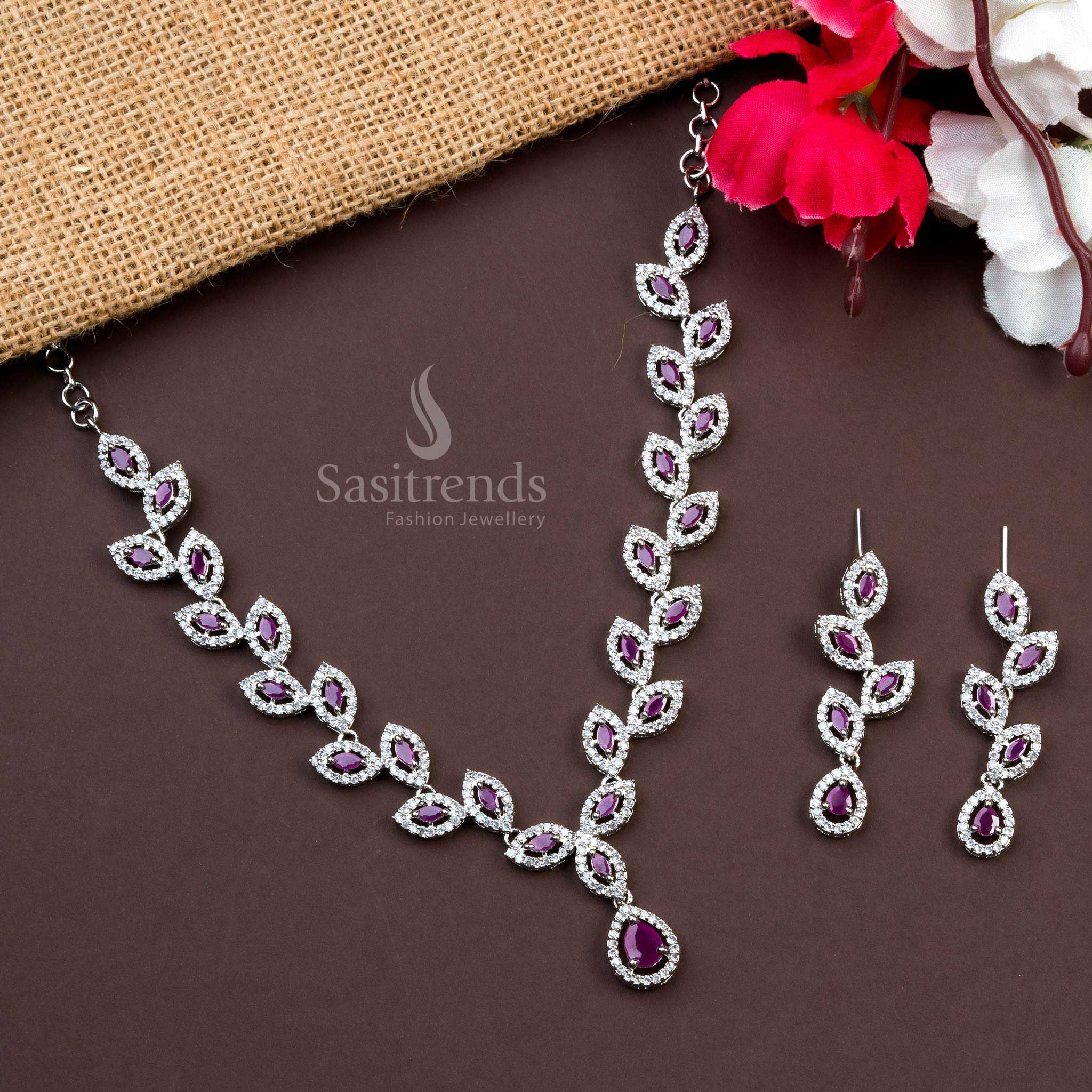 Rhodium Silver Plated Necklace with Ruby American Diamond Stones - Perfect for Engagements and Receptions - Sasitrends
