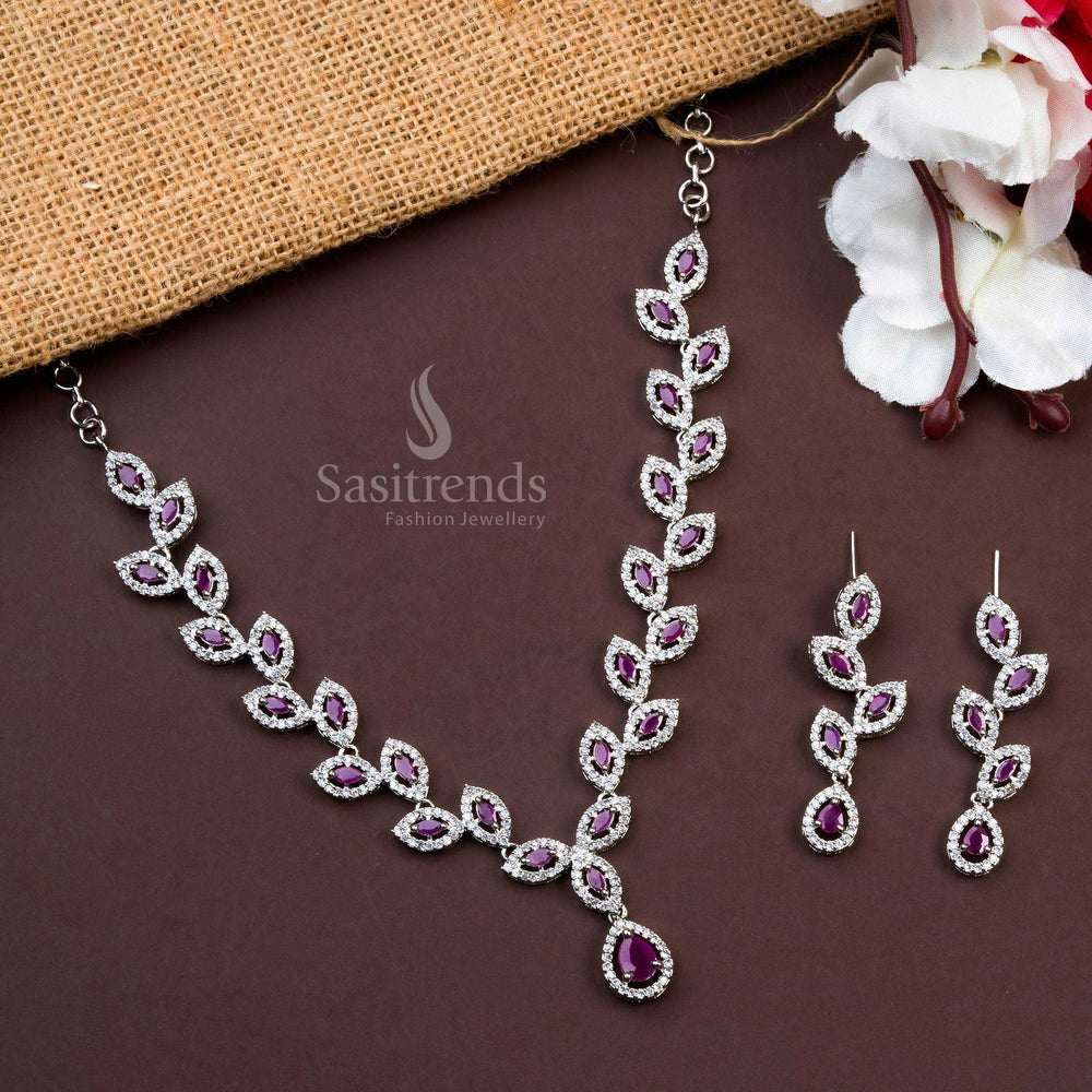 Rhodium Silver Plated Necklace with Ruby American Diamond Stones - Perfect for Engagements and Receptions - Sasitrends
