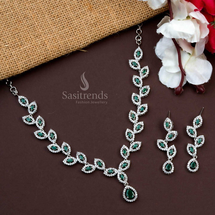 Green AD Stone Leaf Pattern Rhodium Silver Plated Necklace Set - Ideal for Festive Occasions - Sasitrends