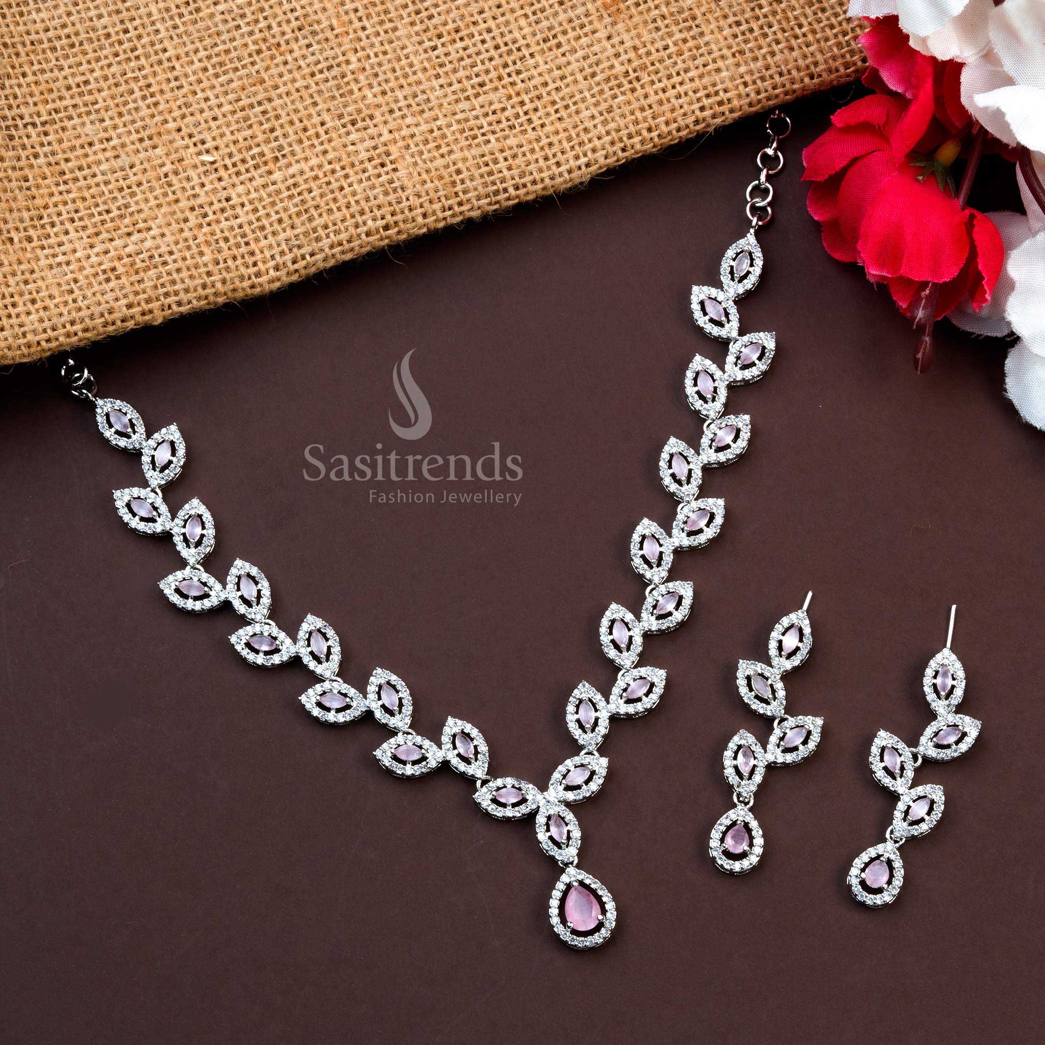 Gorgeous Leaf Pattern Rhodium Silver Party Wear Necklace Set with Pink American Diamond Stones - Trendy Fashion Jewelry - Sasitrends