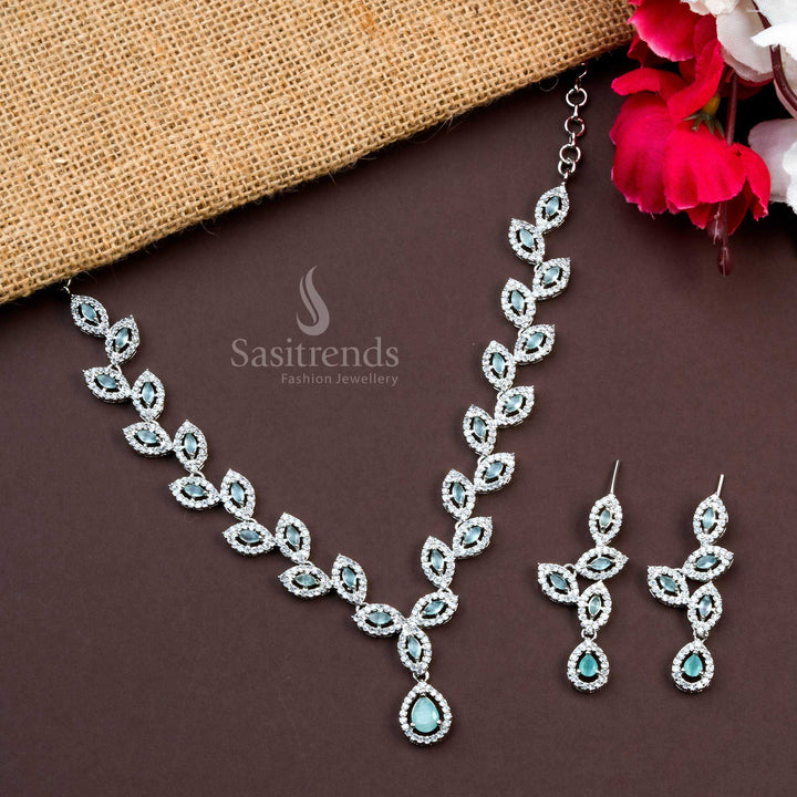 Trendy Mint Rhodium Silver Necklace Set with AD Stones - Gorgeous Leaf Pattern Party Wear Jewelry - Sasitrends